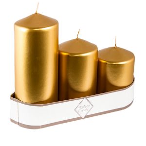 Silindir Mum - 3'lü set - Kokusuz - Metalik Altın Renk - 8*8-10-14 cm 269256 8682998829256